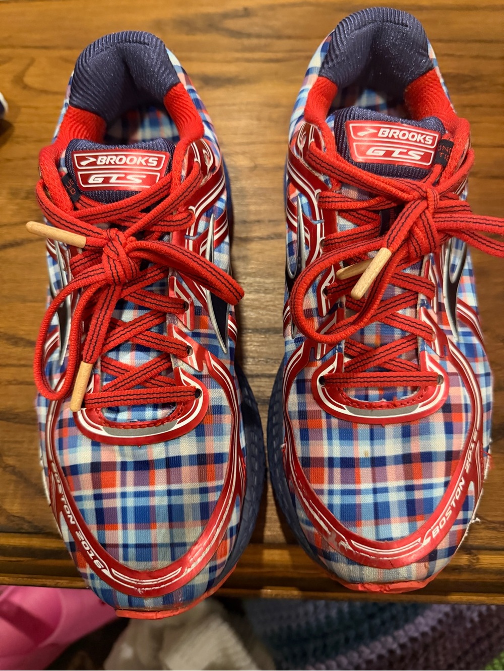 Brooks Red, Blue & White Plaid GTS shoes.  2016 Boston Marathon Running shoes